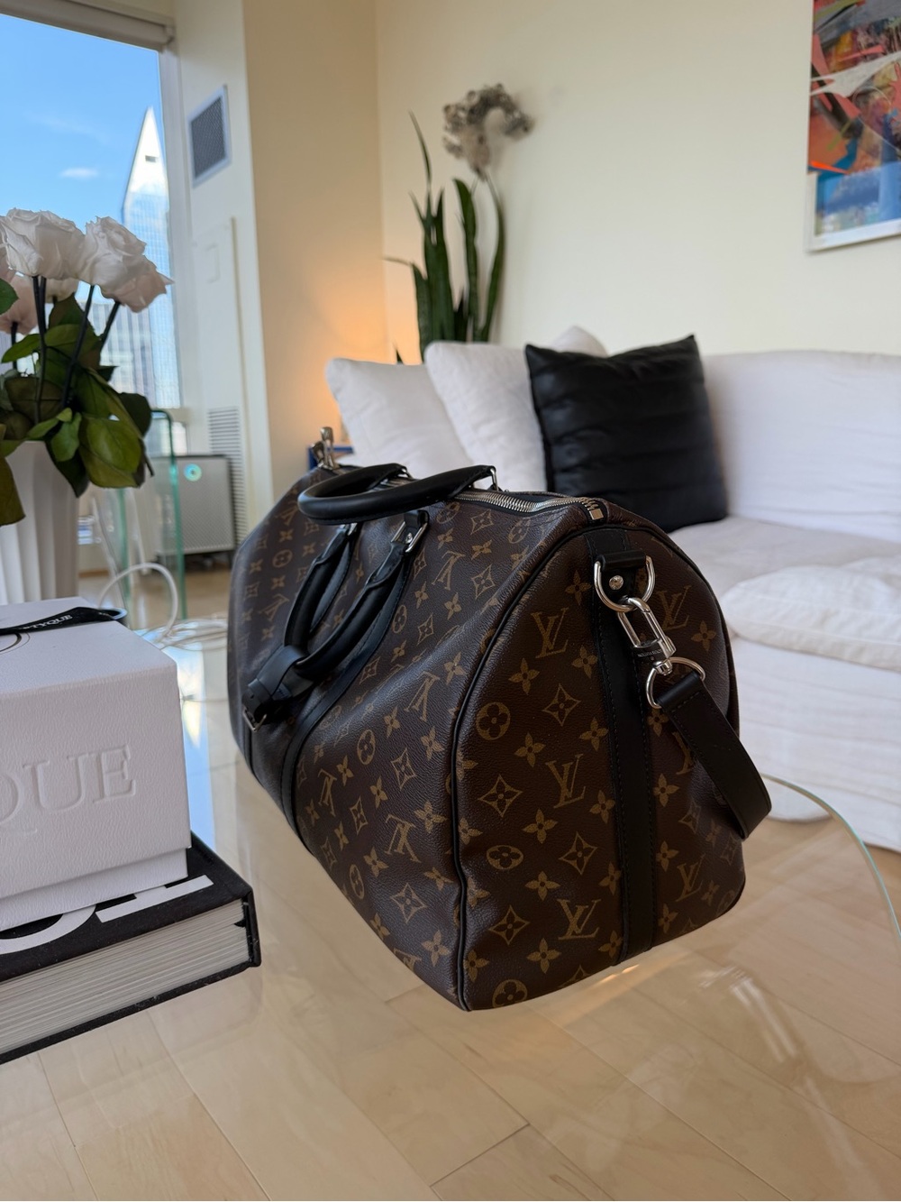 Louis Vuitton Monogram macassar canvas Keepall Duffel in Brown with Black 45 - Picture 7 of 9
